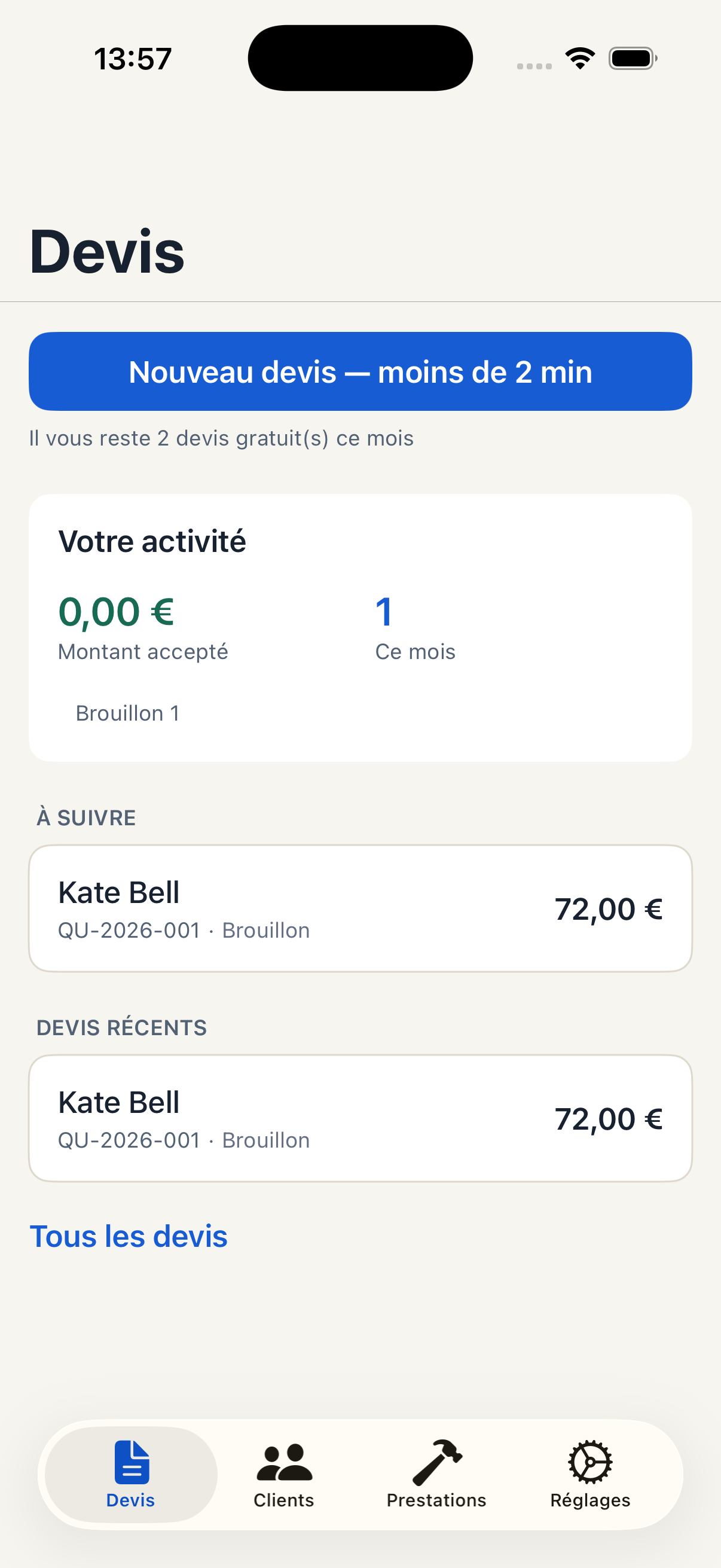 Tableau de bord QuickMimba présentant un résumé de l’activité et des devis.