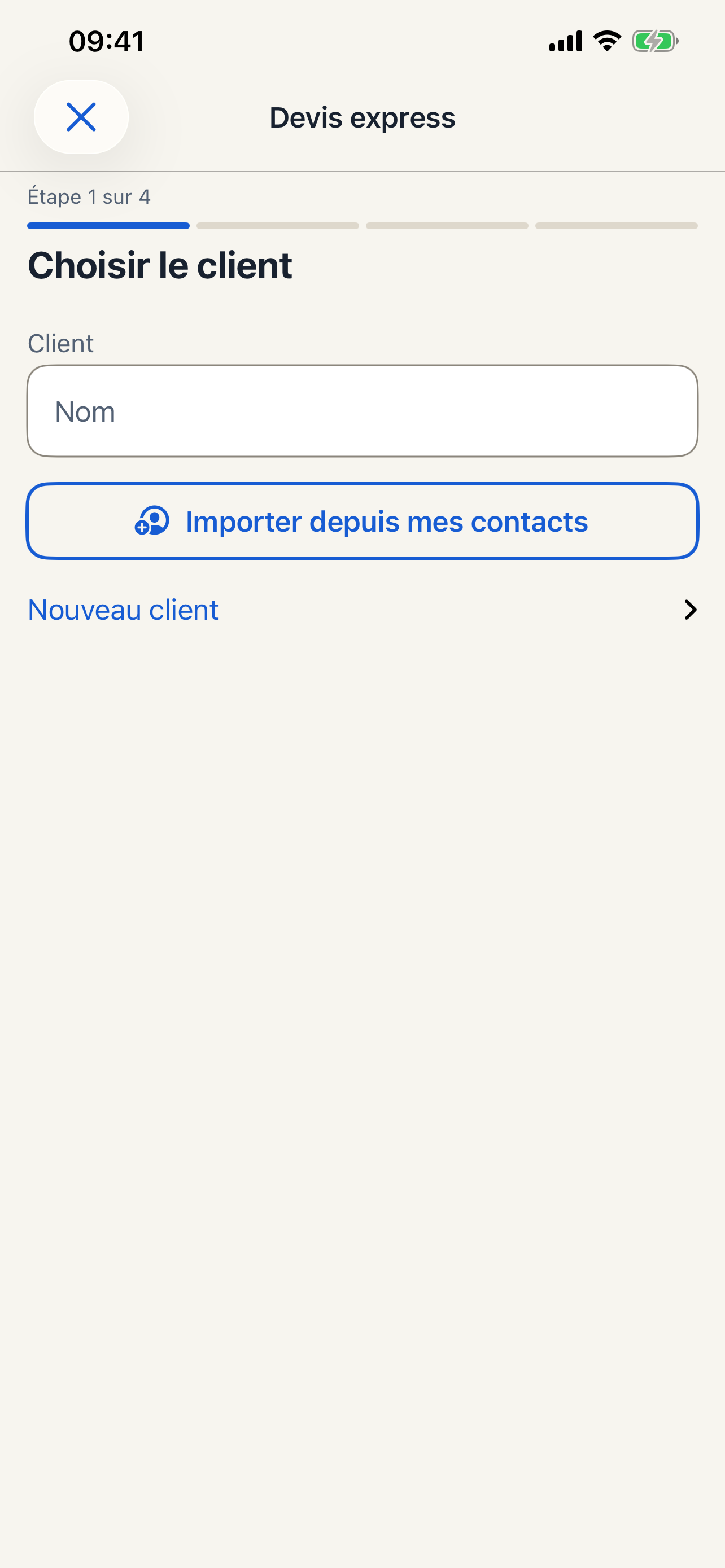 QuickMimba screen for creating a quote and adding client information.
