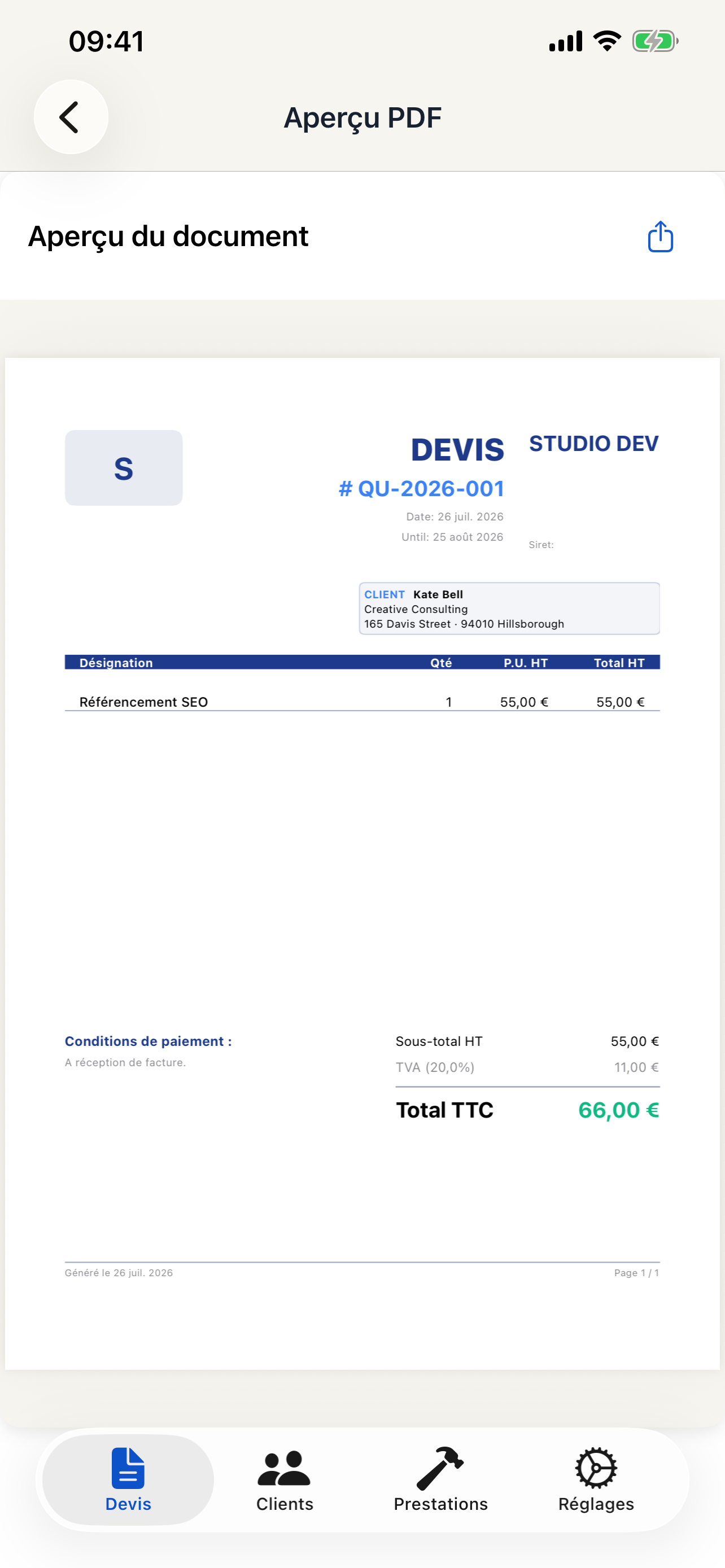 Aperçu d’un devis professionnel généré au format PDF par QuickMimba.
