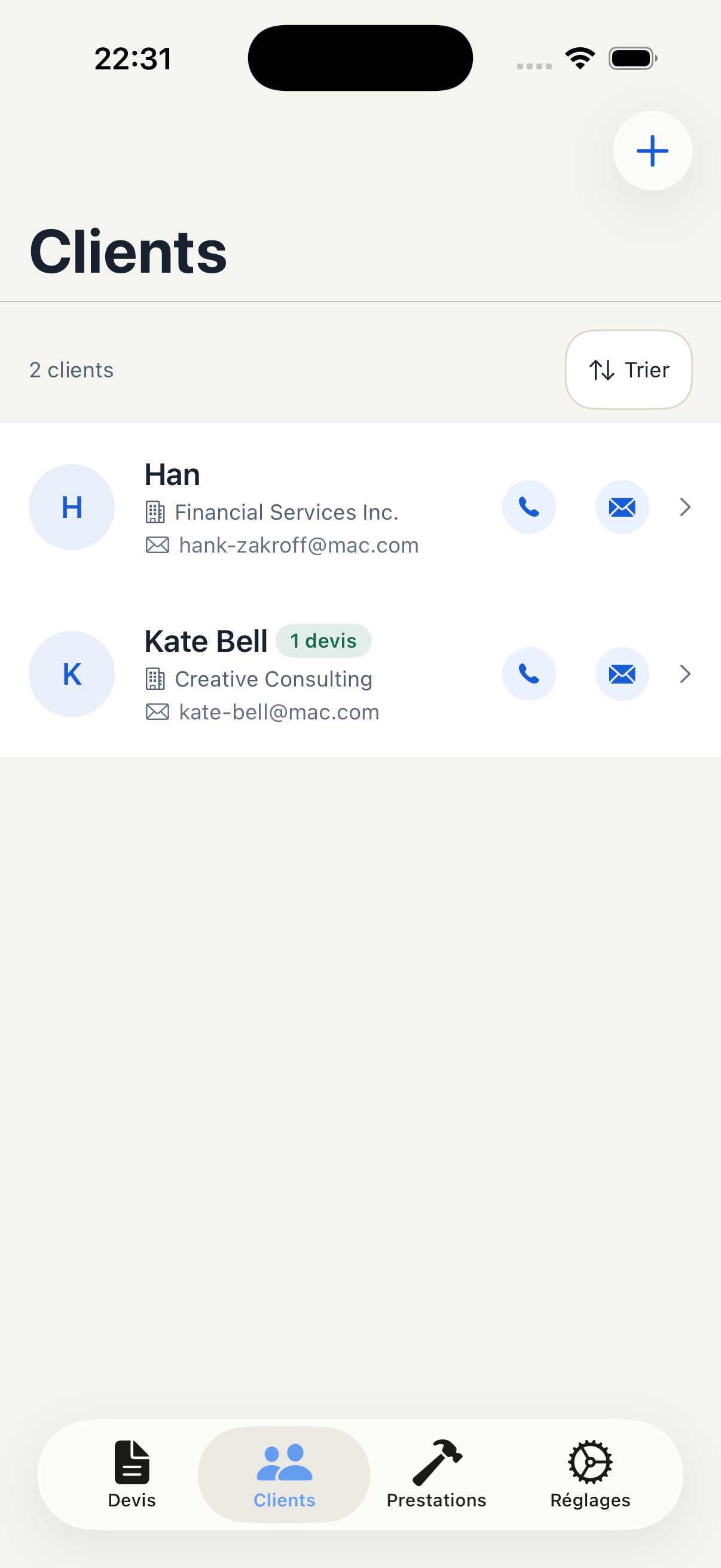 List of clients saved in the QuickMimba app.