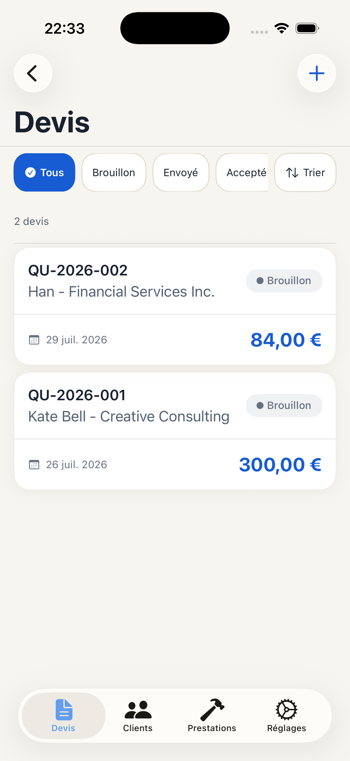 Liste des devis QuickMimba avec leurs statuts envoyés, acceptés ou refusés.