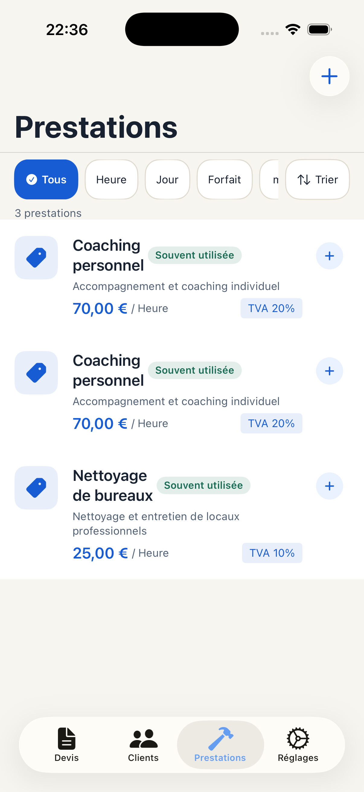 Bibliothèque de prestations enregistrées dans QuickMimba avec leurs tarifs.